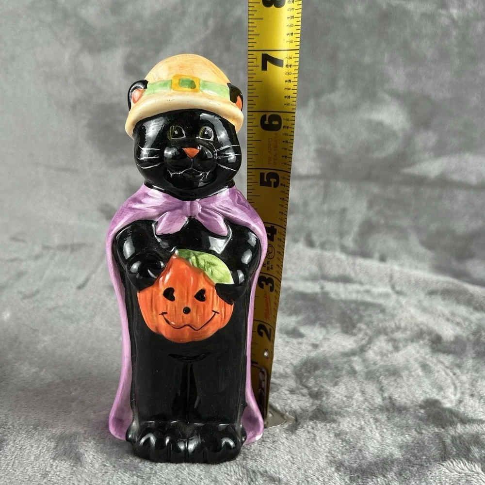 Vintage Ceramic Halloween Figurine Black Cat Dressed As‎ Witch W/ Jack O Lantern